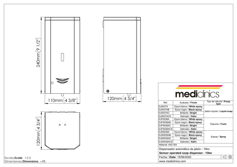 DJS0039A Поверхностный автоматический дозатор мыла-распылителя Mediclinics