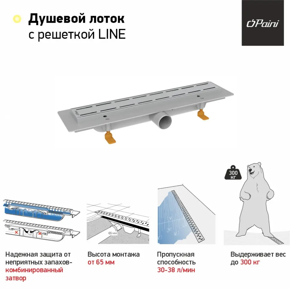 Душевой лоток с рамкой PAINI CH450LN Line 450 мм D40, хром глянец