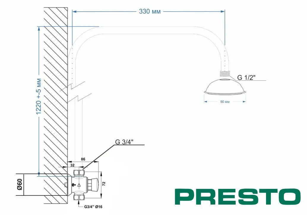 Порционно нажимной душевой кран с жесткой стойкой и лейкой Presto P 50 38022 CR1903 4
