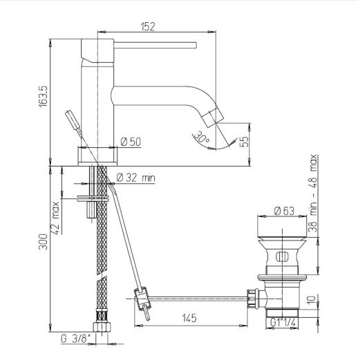 Смеситель для раковины PAINI Cox 78PZ211LBL с донным клапаном, с длинным изливом, черный брашированный PVD (PZ)