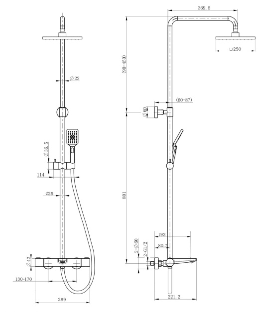PAINI 09CR687THQ250F3Q80 Nove Душевая система с термоcтатом, фиксированный излив, квадр лейки, хром