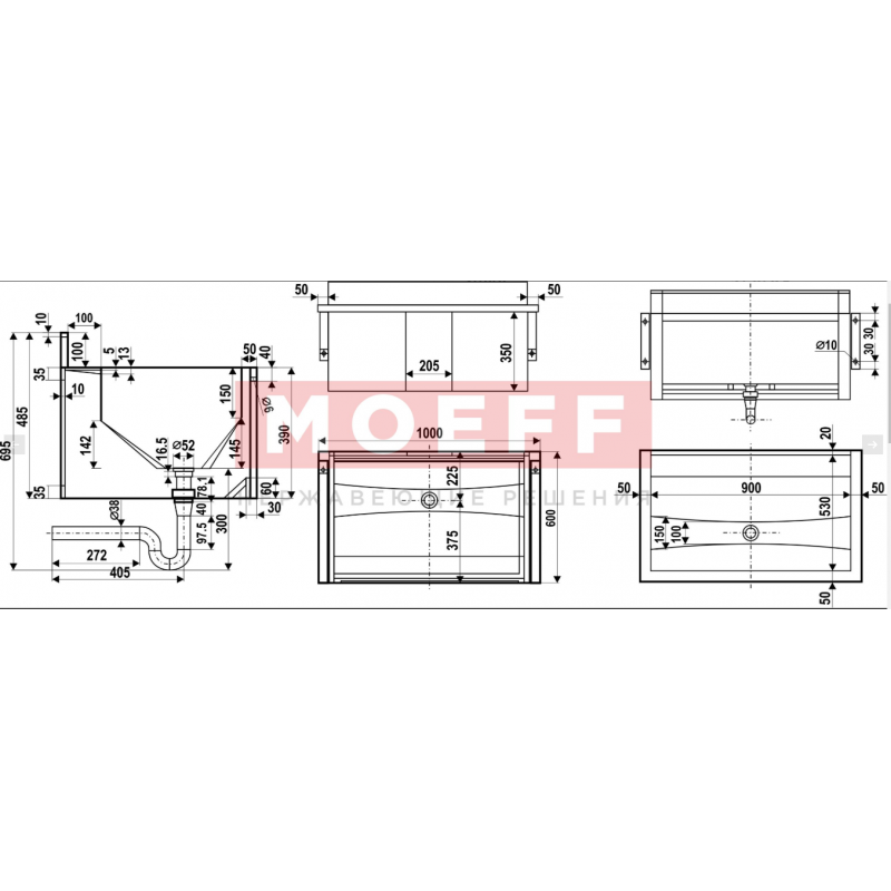 Раковина-желоб коллективная из нержавеющей стали Moeff MF-192