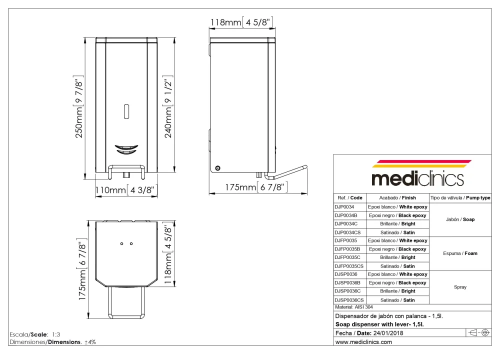 Локтевой дозатор мыла и пены Mediclinics DJFP035C