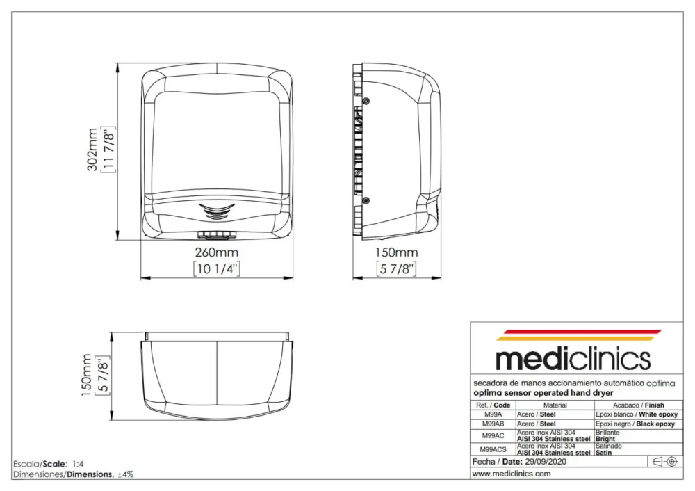 Бесконтактная сушилка для рук с ик-датчиком Mediclinics OPTIMA M99A