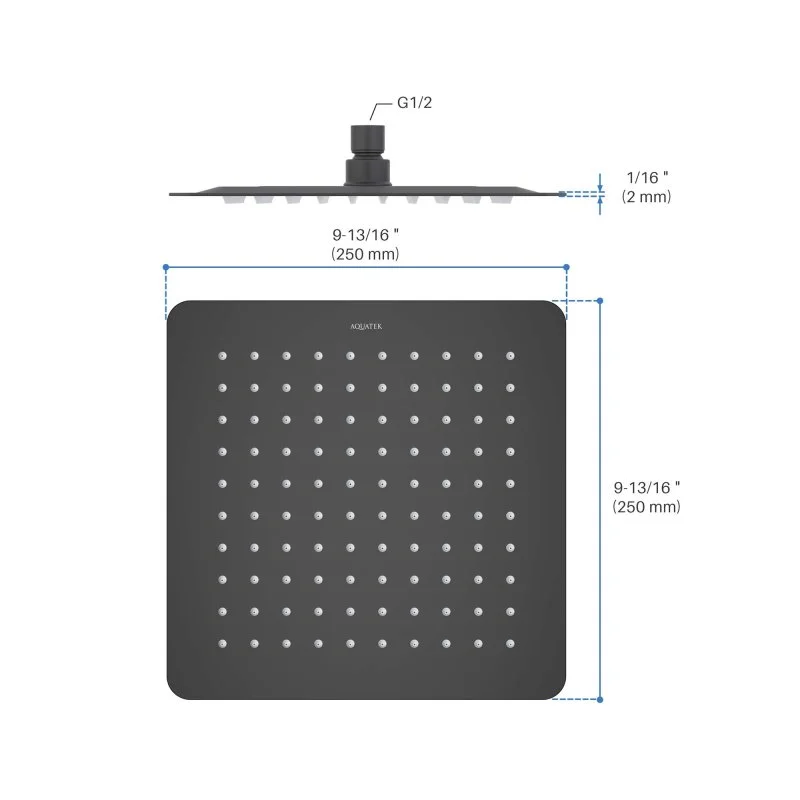 Квадратный верхний душ 250*250*2 мм AQUATEK, матовый черный AQ2072MB