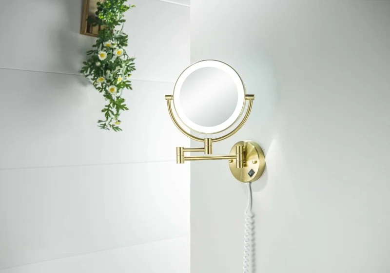 AQ4915BG зеркало косметическое настенное с подсветкой 5х, шлиф. золото