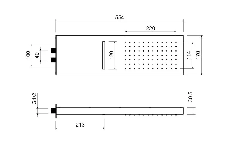 Настенный верхний душ 2 jet 550*170*30 мм AQUATEK, матовый черный AQ2085MB