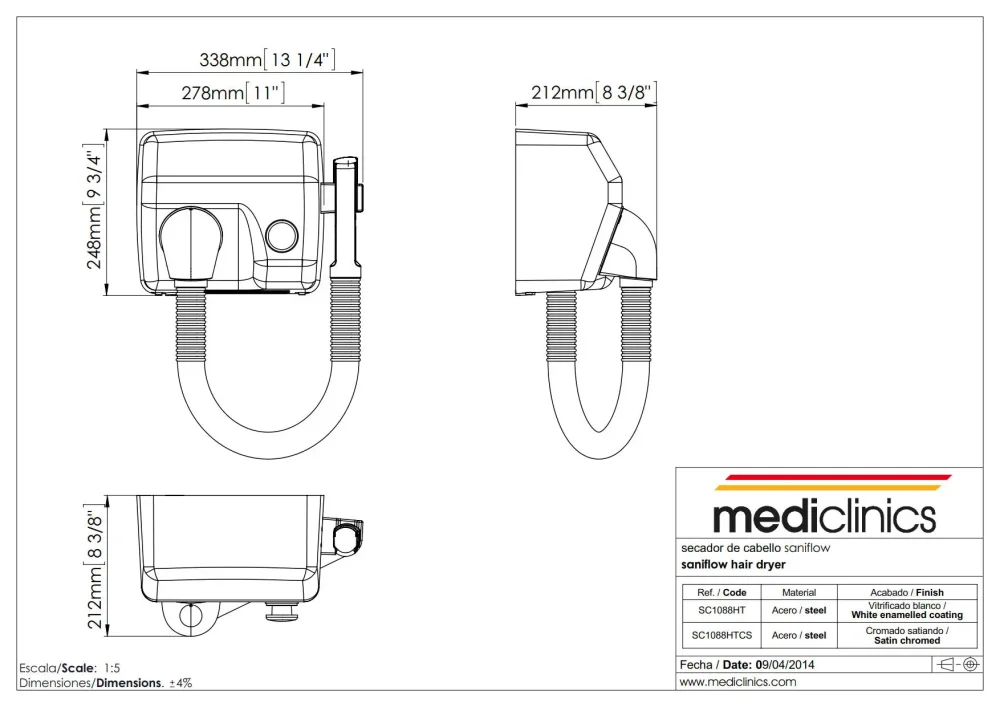 Кнопочный нажимной фен для волос для общественных мест Mediclinics Saniflow SC1088HTCS
