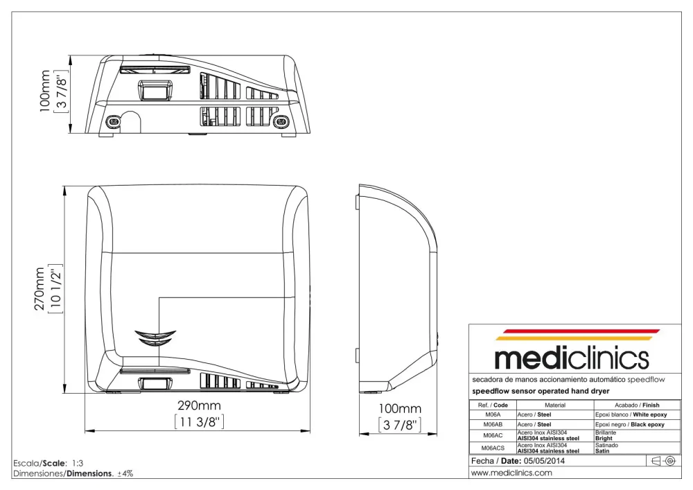 M06AF Сушилка для рук с датчиком скорости потока Mediclinics