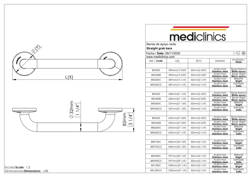 BR2300 прямой поручень 390 мм Mediclinics