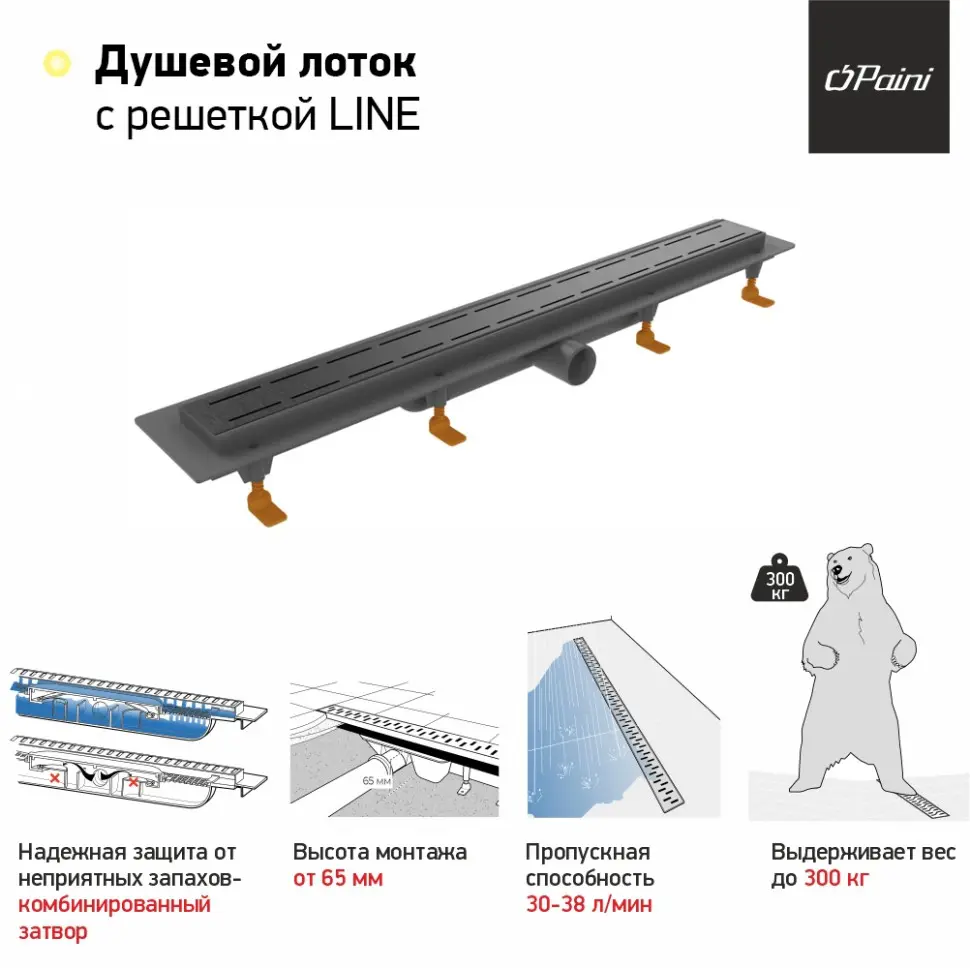 Душевой лоток PAINI CH750LC Line 750 мм D40, черный матовый