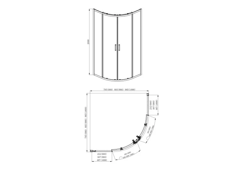 AQ ARI RO 09020GM Душевой уголок 1/4 круга, двери раздвижные 900x900x2000, профиль оружейная сталь