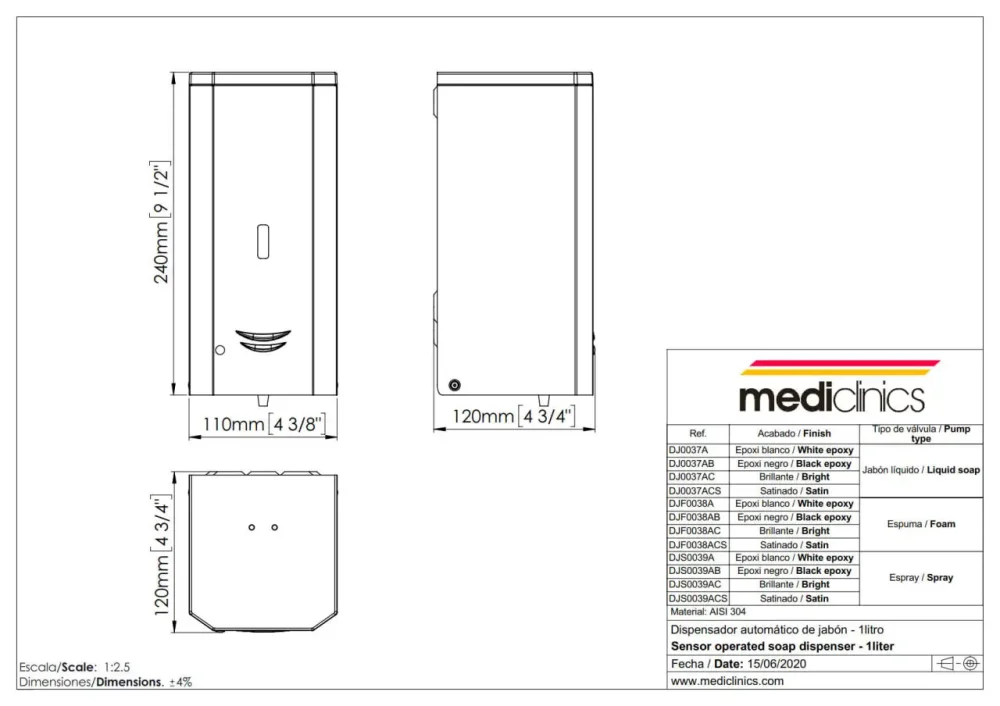 Автоматический дозатор для мыла Mediclinics DJF0038AB