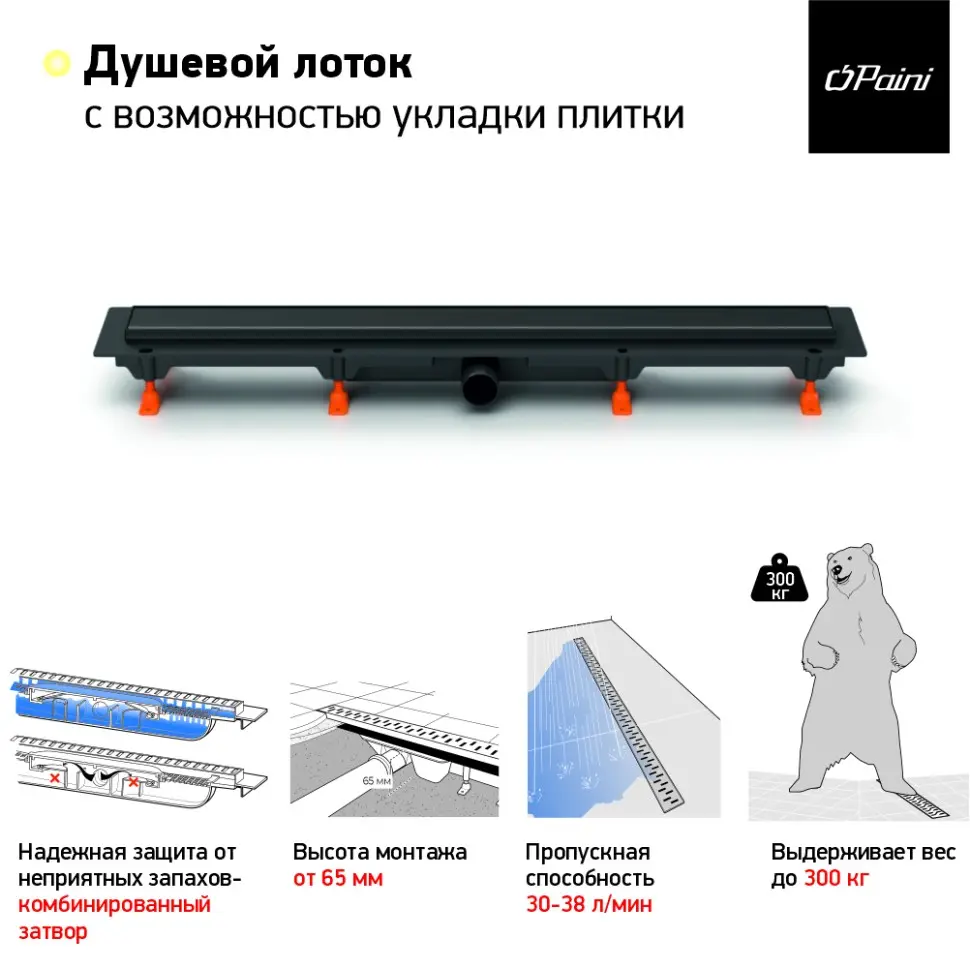 Душевой лоток PAINI Klasik 650 мм D40, черный матовый