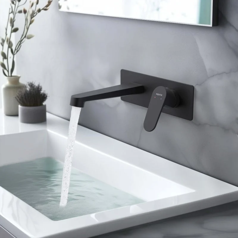 Смеситель для раковины настенный (внешняя и скрытая часть) AQUATEK, матовый черный AQ1213MB ОБЕРОН