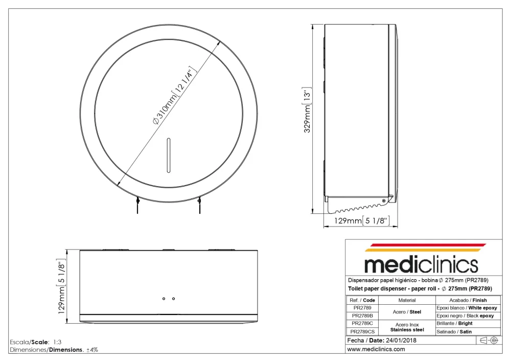 Диспенсер для туалетной бумаги Mediclinics металл матовая сталь PR2789CS